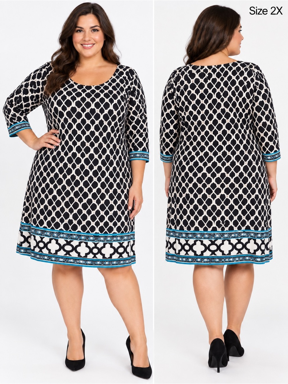 INC Concepts Size 2X Woman’s Geometric Border Print 3/4 Sleeve Dress Loose Tag